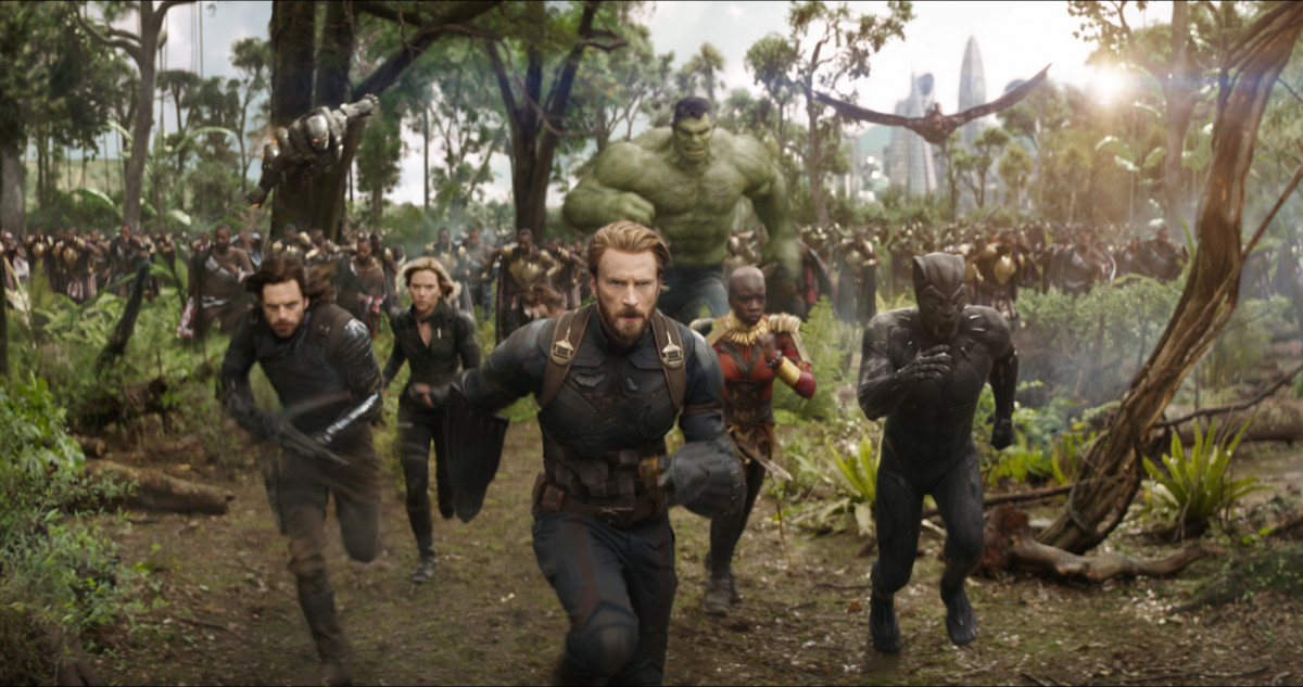 Marvel Studios' AVENGERS: INFINITY WAR..L to R: War Machine (Don Cheadle), Winter Soldier/Bucky Barnes (Sebastian Stan), Black Widow/Natasha Romanoff (Scarlet Johansson), Captain America/Steve Rogers (Chris Evans), Hulk (Mark Ruffalo), Okoye (Danai Gurira), Falcon (Anthony Mackie) and Black Panther/T'Challa (Chadwick Boseman)..Photo: Film Frame. ©Marvel Studios 2018