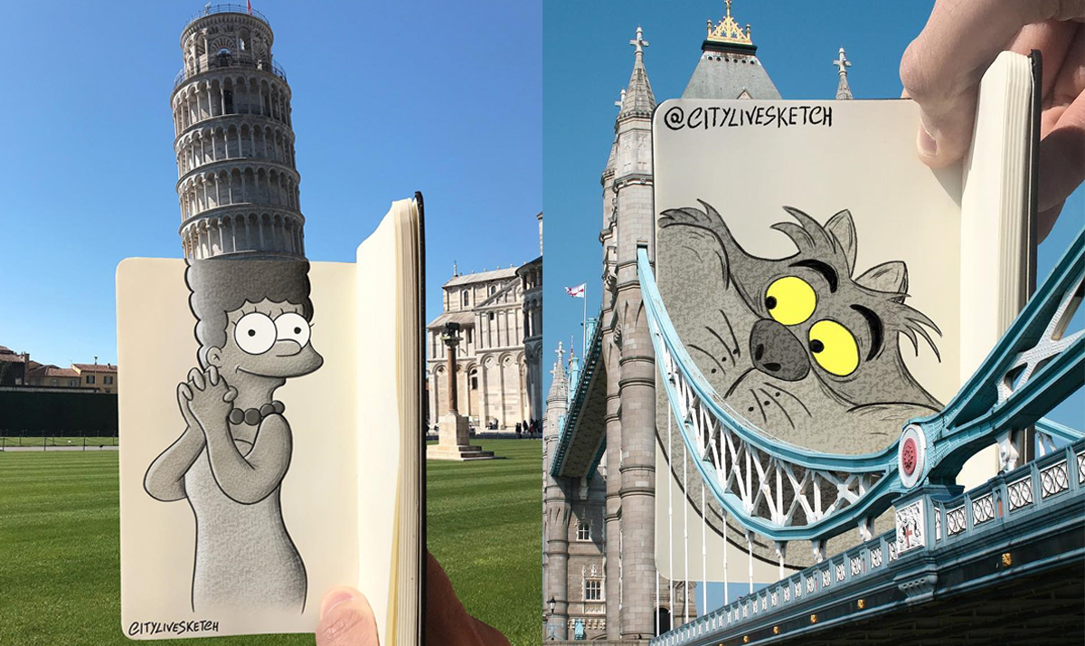 Artist merges photos of real-life structures with playful sketches 11