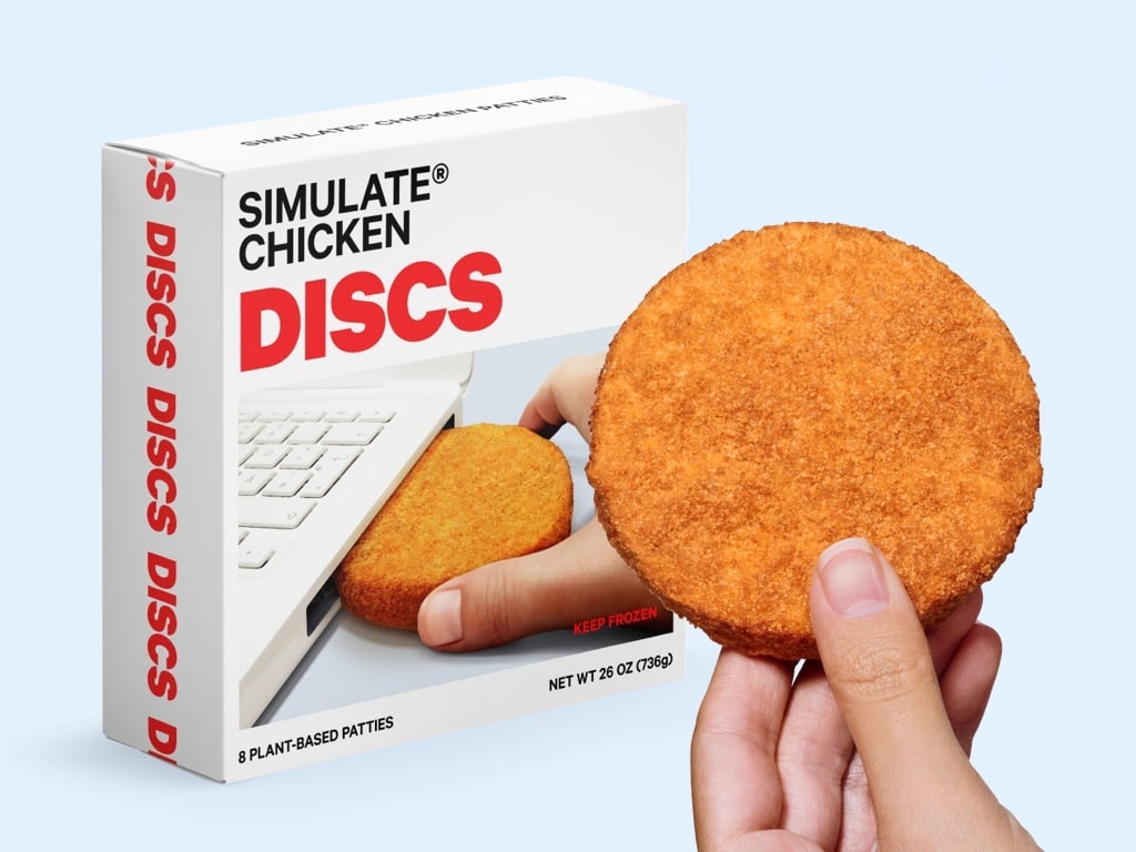 SIMULATE's plant-based chicken patties come in a playful tech-themed box