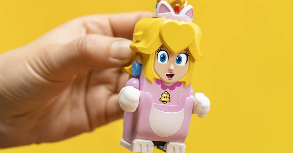 A photo of the interactive Princess Peach LEGO figure, which is part of the LEGO Super Mario Adventures with Peach Starter Course