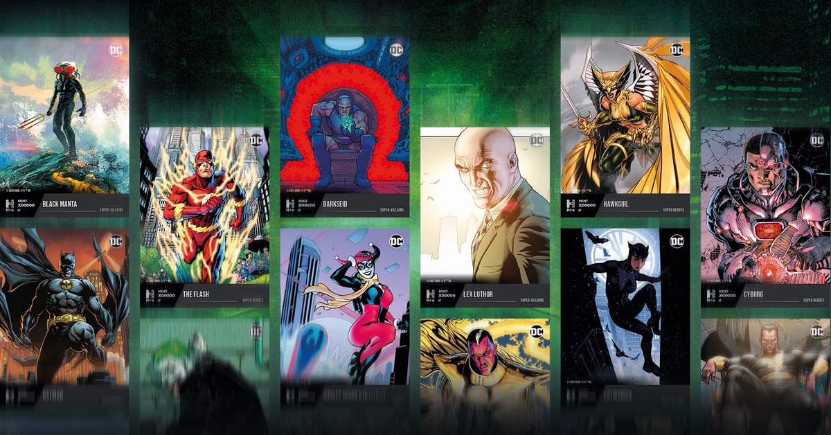 A graphic art depicting officially licensed hybrid NFT trading cards by Hro based on DC Multiverse