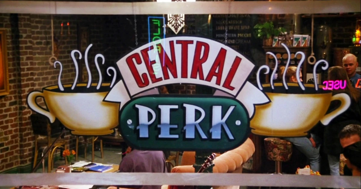 The logo of Central Perk, the iconic coffee shop in Friends