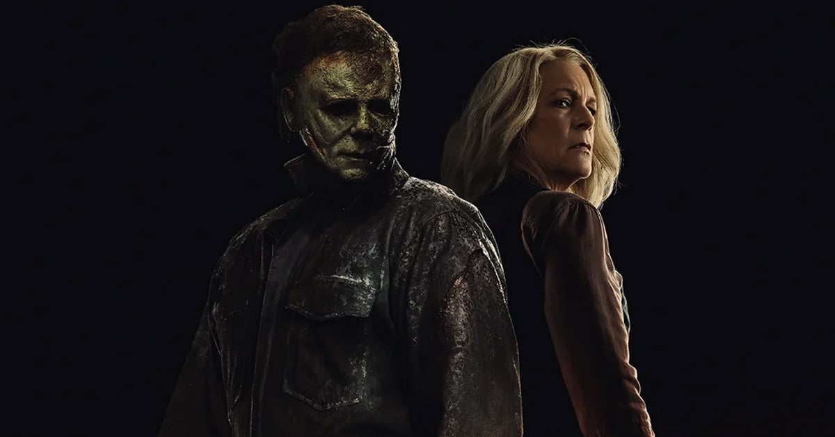 Michael Myers and Jamie Lee Curtis' Laurie Strode in the official poster for the movie Halloween Ends