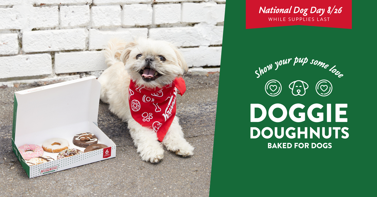 A box of Krispy Kreme's Doggie Doughnuts alongside a puppy wearing a limited-edition Krispy Kreme red bandana