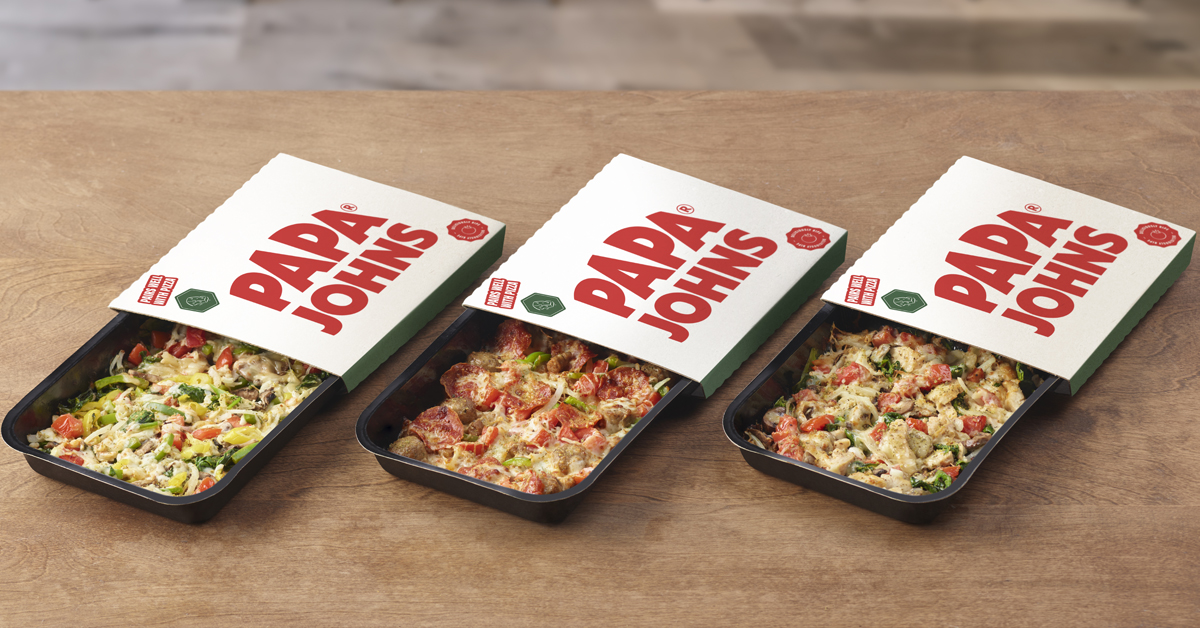 Papa Johns' three varieties of Papa Bowls: Italian Meats Trio, Chicken Alfredo, and Garden Veggie