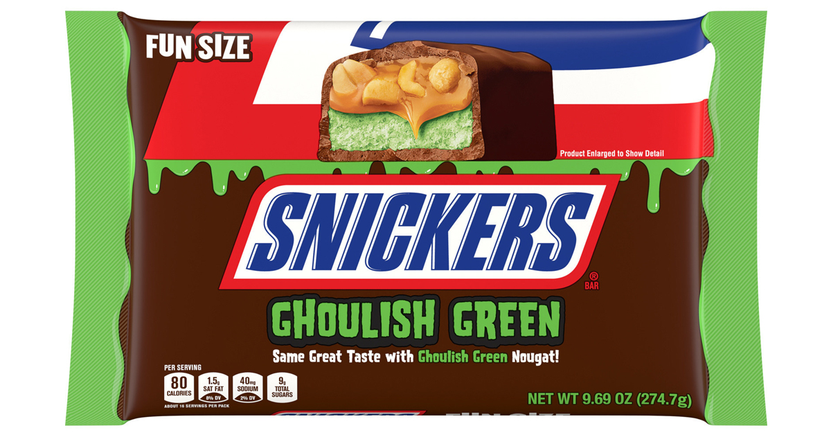Snickers Fun Size Ghoulish Green Bars, one of Mars' 2022 Halloween candies