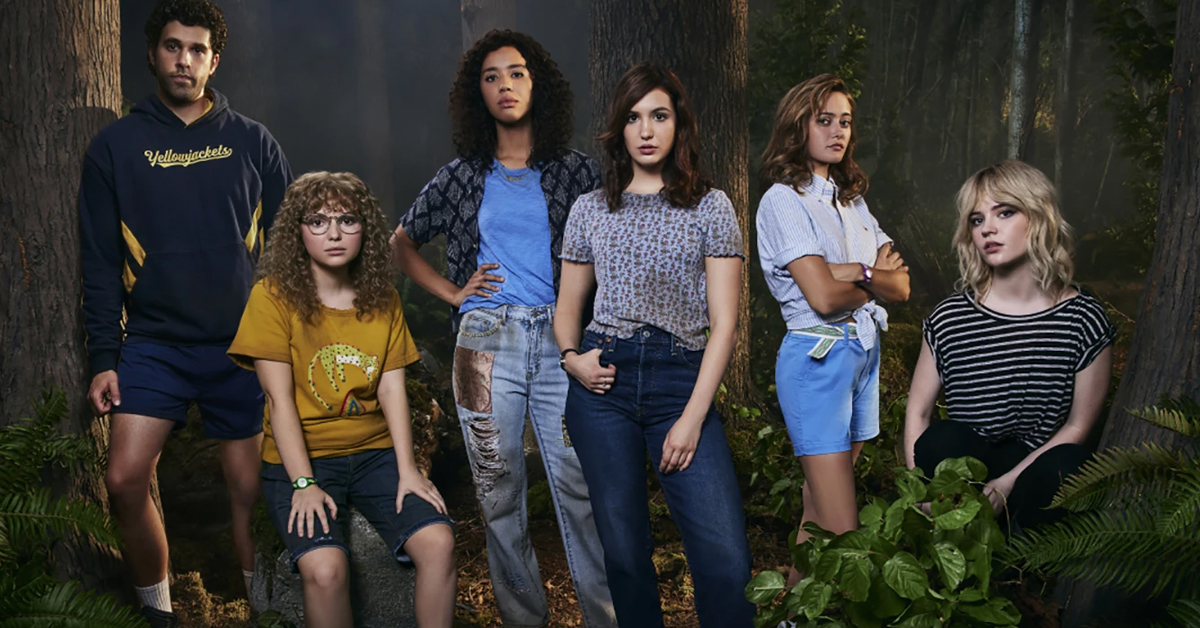 Yellowjackets characters Ben Scott, Shauna Shipman, Taissa Turner, Jackie Taylor, Misty Quigley, and Nat Scatorccio