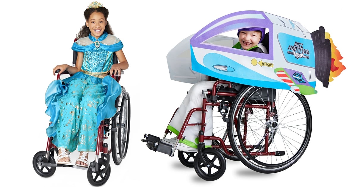 A girl on wheelchair wearing Disney's Jasmine Adaptive Costume and a boy on a wheelchair designed with a Buzz Lightyear wheelchair cover set