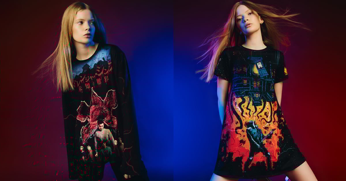 A woman wearing a long sleeve oversized BFT and a swing tee dress from BlackMilk’s Stranger Things fashion collection