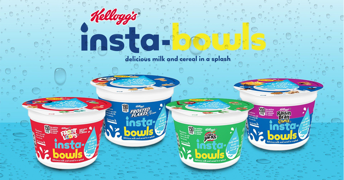 Kellogg's Instabowls four varieties: Froot Loops, Frosted Flakes, Apple Jacks, and Raisin Bran Crunch