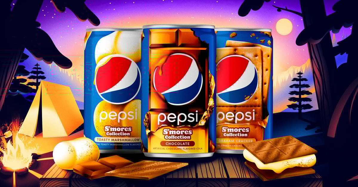 Three individual cans of Pepsi S'mores Collection's Toasted Marshmallow, Chocolate, and Graham Cracker flavors