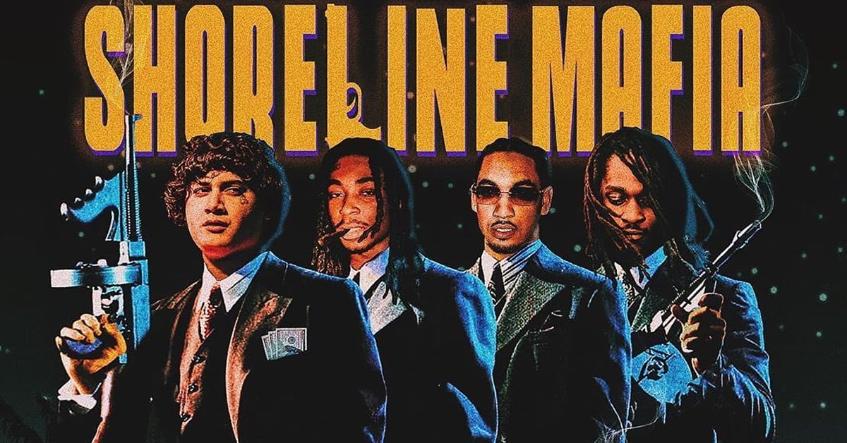 A digital artwork depicting Shoreline Mafia members OhGeesy, Rob Vicious, Fenix Flexin, and Master Kato
