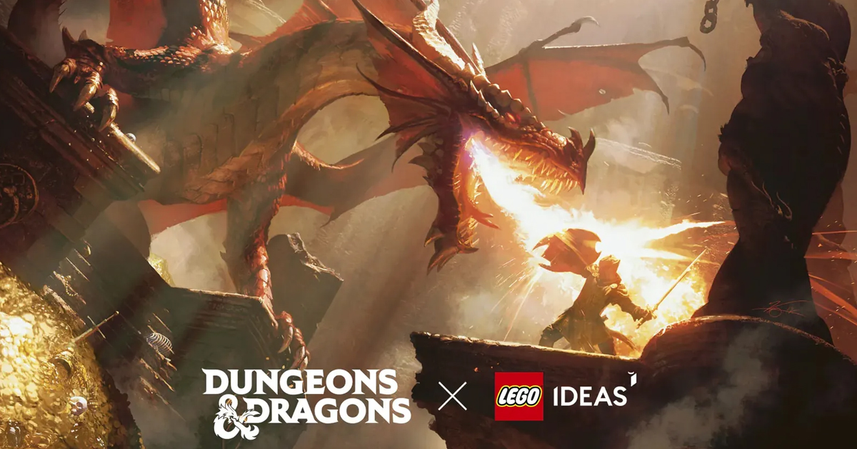 Dungeons & Dragons artwork featuring a knight defending himself from a dragon spewing fire