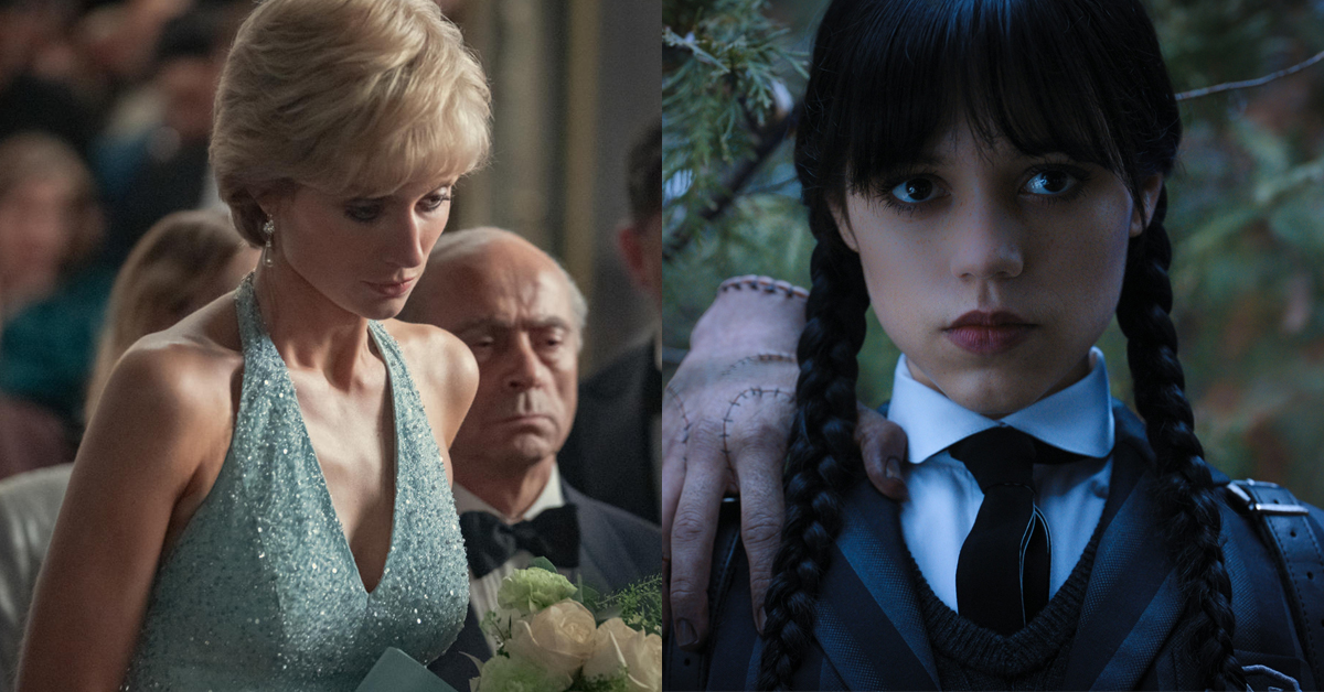Elizabeth Debicki as Diana in Netflix's The Crown Season 5 and Jenna Ortega as Wednesday Addams in Netflix's Wednesday