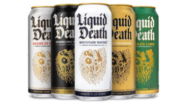 Liquid Death products: Mountain Water, Sparkling Water, Mango Chainsaw, Berry It Alive, and Severed Lime