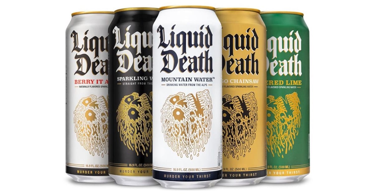Liquid Death products: Mountain Water, Sparkling Water, Mango Chainsaw, Berry It Alive, and Severed Lime