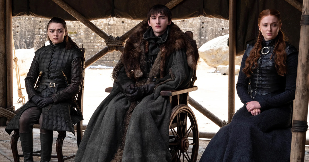 Maisie Williams as Arya Stark, Isaac Hempstead Wright as Bran Stark, and Sophie Turner as Sansa Stark in the Game of Thrones finale