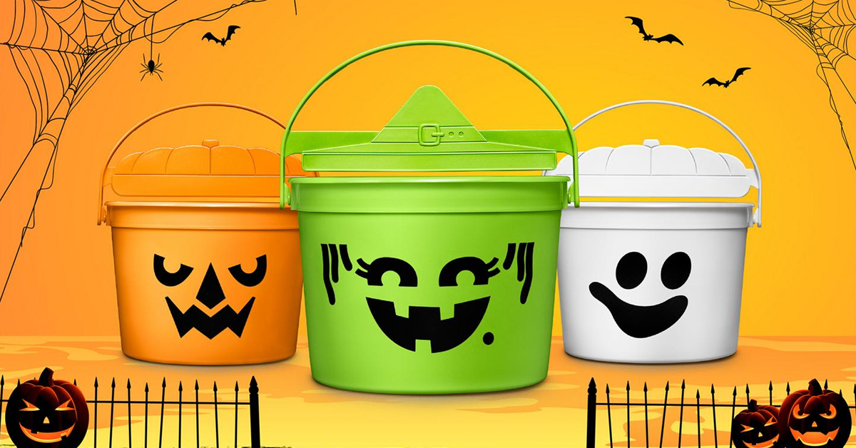 McDonald's Halloween Pails: orange McPunk’n green McGoblin., and white McBoo