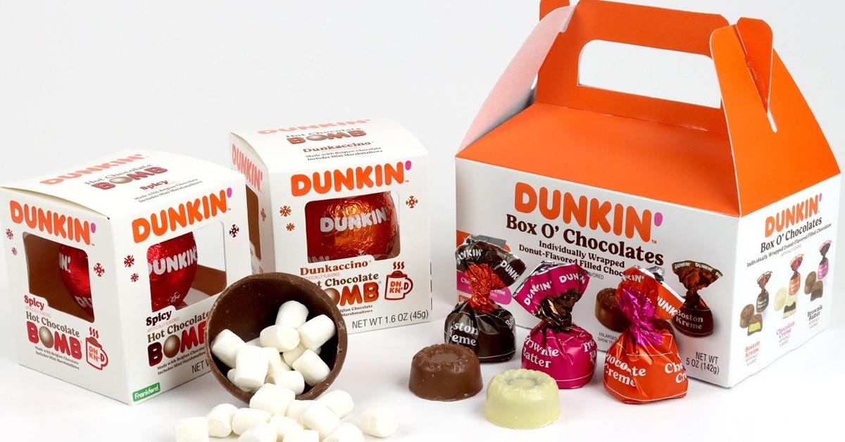 The new flavors of Dunkin' Hot Chocolate Bomb and the new Dunkin' Box O' Chocolates