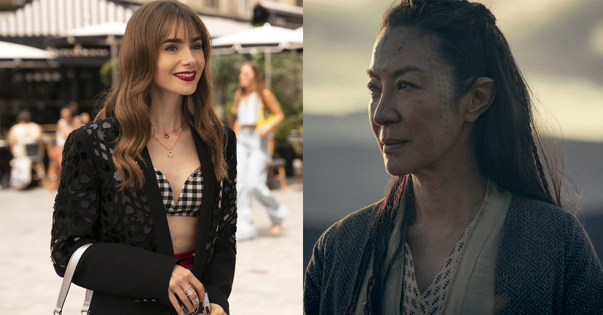 Lily Collins in Netflix's Emily in Paris season 3 and Michelle Yeoh as Scian in Netflix's The Witcher: Blood Origin