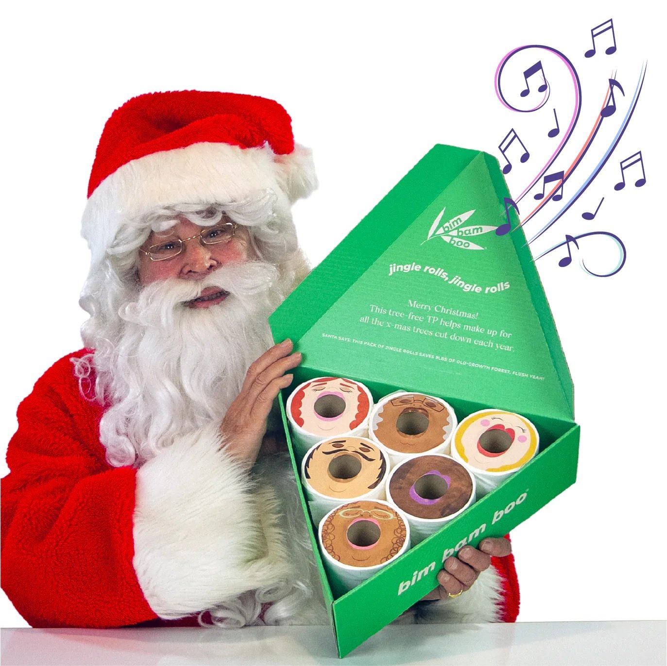 Santa Claus holding a box of Jingle Rolls