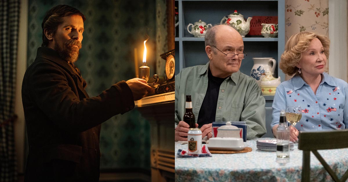 Christian Bale as Det. Augustus Landor in The Pale Blue Eye and Debra Jo Rupp as Kitty Forman and Kurtwood Smith as Red Forman in That '90s Show - Two of Netflix 2023 releases