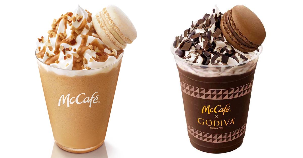 McDonald's frappes with macarons: Salty Butter Caramel Frappe and the Godiva Chocolate Frappe