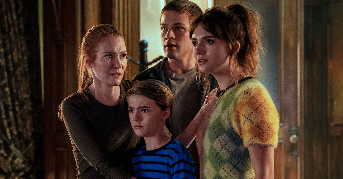L-R: Darby Stanchfield as Nina Locke, Jackson Robert Scott as Bode Locke, Connor Jessup as Tyler Locke, and Emilia Jones as Kinsey Locke in Locke & Key