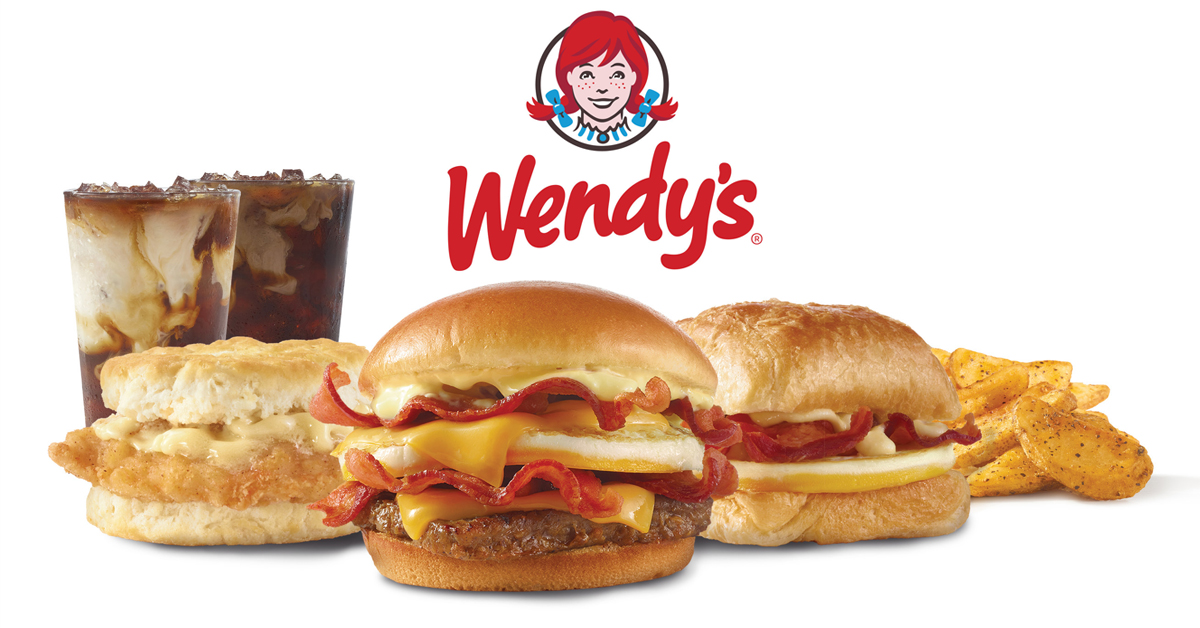 Wendy's menu items - iced coffee, biscuit, breakfast baconator, croissant, fries