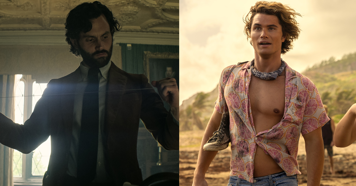 Penn Badgley as Joe in You season 4 and Chase Stokes as John B Routledge in Outer Banks season 3. Both TV shows are included in the What's new on Netflix list for February 2023.