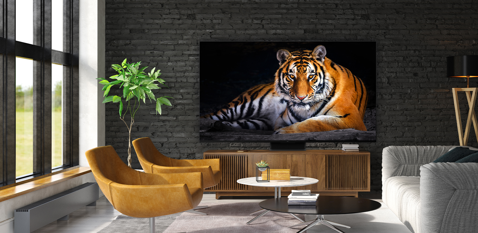 Lifestyle picture of a 2023 TCL TV displaying a tiger