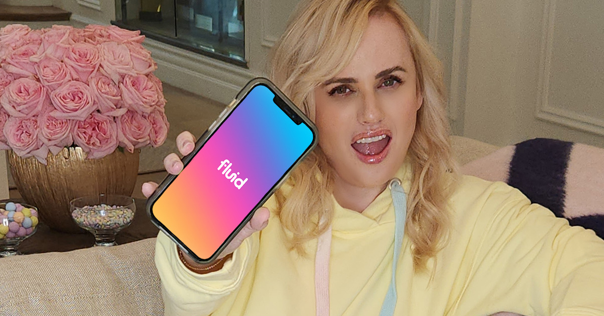 Rebel Wilson showing the Fluid dating app from her phone