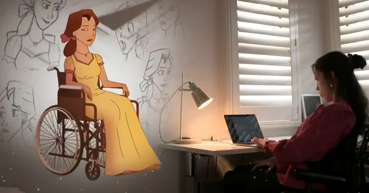 An animation of a disabled princess on a wheelchair along with Hannah Diviney