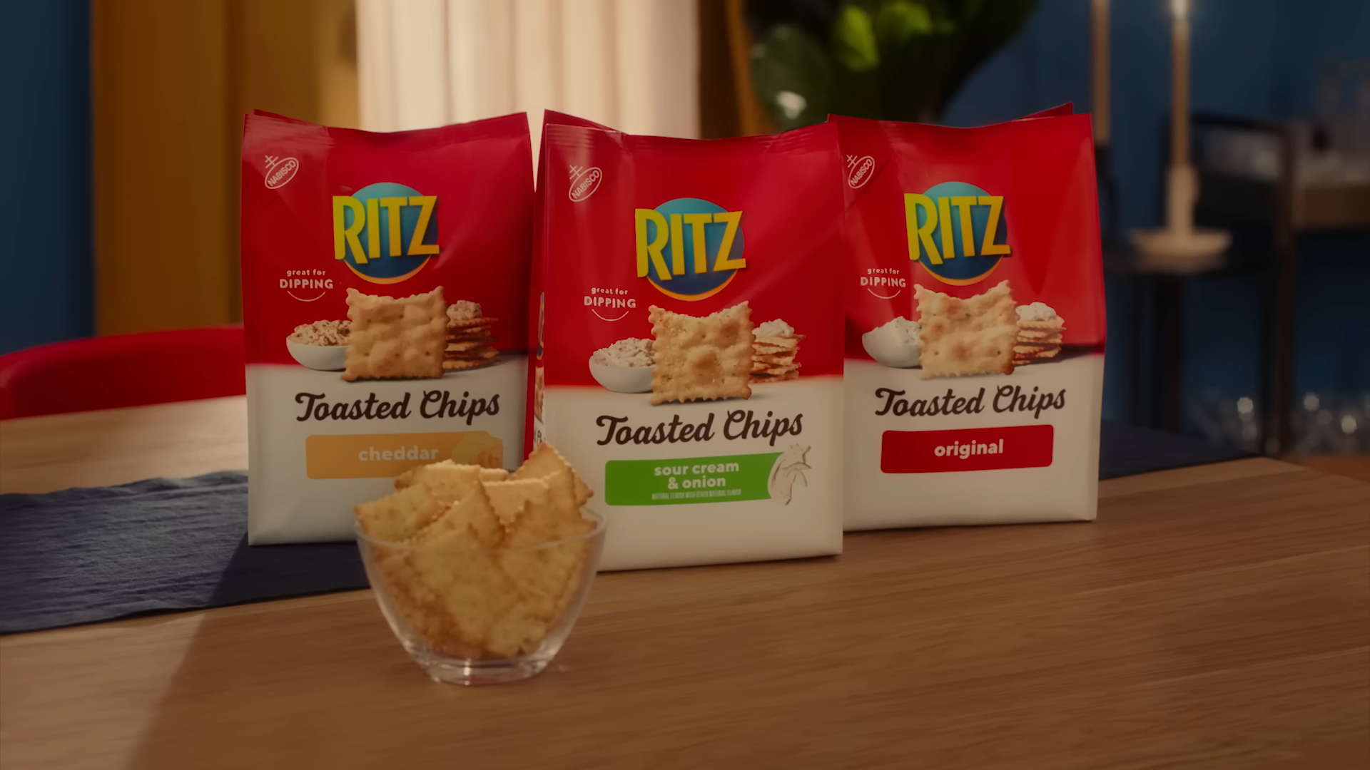 RITZ Toasted Chips flavors: Cheddar, Sour Cream & Onion, and Original