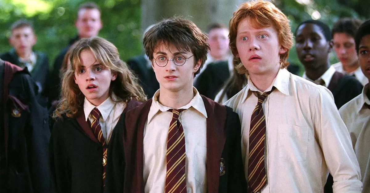 Emma Watson as Hermione Granger, Daniel Radcliffe as Harry Potter, and Rupert Grint as Ron Weasley in the Harry Potter film series