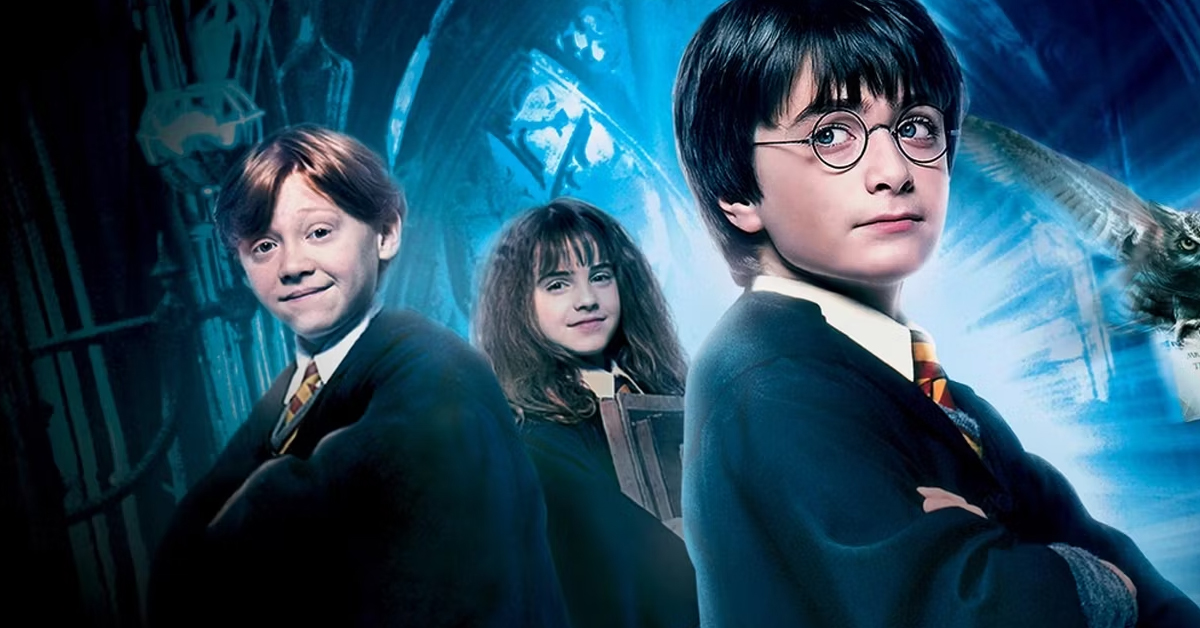 Rupert Grint as Ron Weasley, Emma Watson as Hermione Granger, and Daniel Radcliffe as Harry Potter in 2001's Harry Potter and the Philosopher's Stone