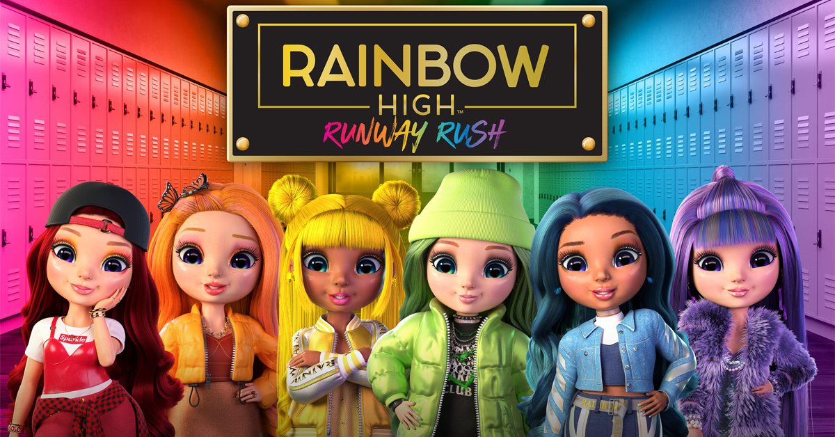 Ruby, Poppy, Sunny, Jade, Skyler, and Violet in the new Rainbow High video game called Rainbow High: Runway Rush