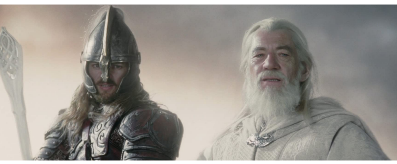 Karl Urban as Éomer and Ian Mckellen as Gandalf in The Lord of the Rings: The Two Towers (2002)