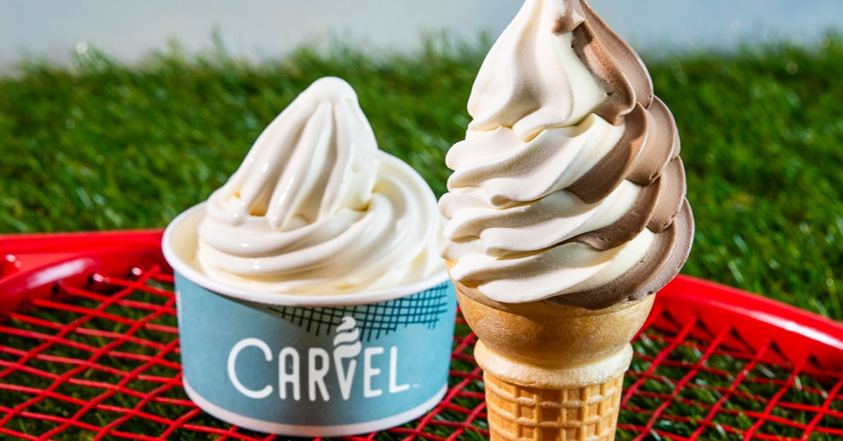Carvel soft-serve ice cream in a small cup and cone