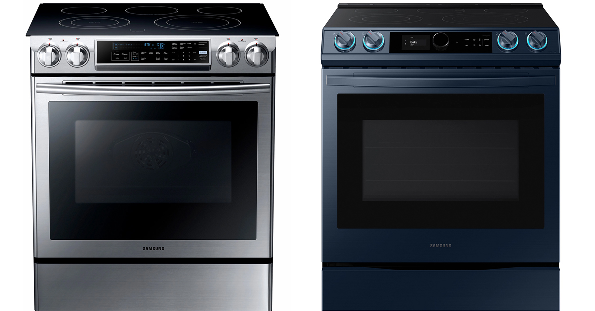 Two of the several models of Samsung Slide-In Electric Ranges afftected by the recall: NE58F9500SS/AA (Left) and NE63A8711QN/AA (Right)