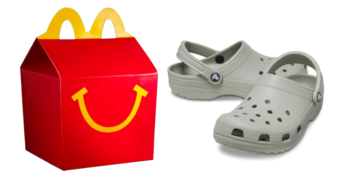 McDonald's Happy Meal box and a pair of gray Crocs Classic Clogs | ©Image Credit: McDonald's, Crocs