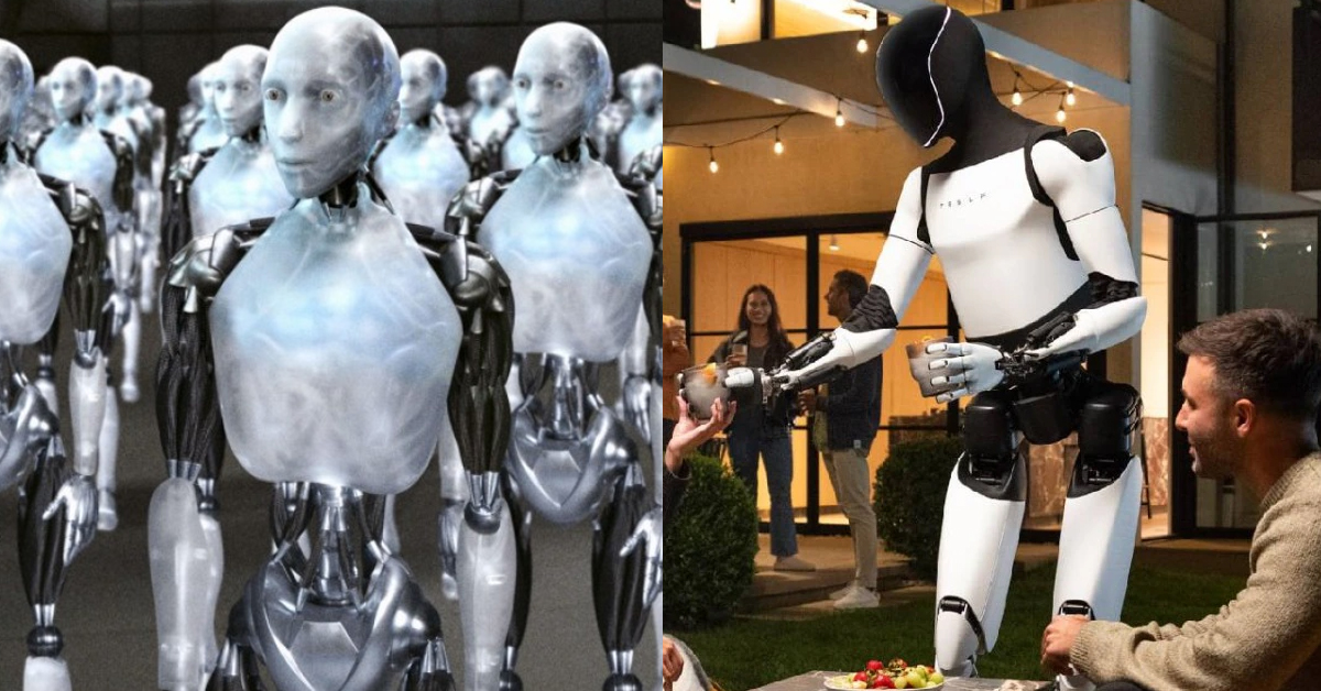 Robots from the movie I, Robot and Tesla's Optimus robot | ©Image Credit: 20th Century Fox and Tesla
