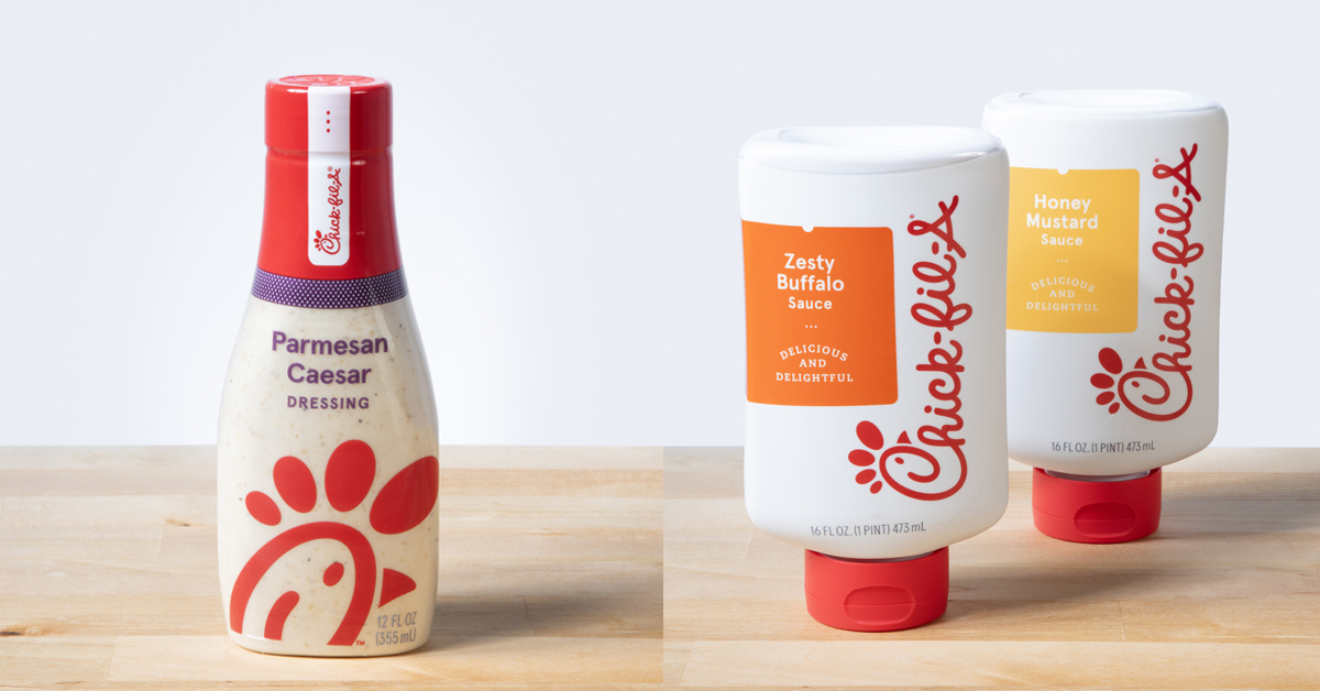 Chick-fil-A's bottled Parmesan Caesar Dressing, Zesty Buffalo Sauce, and Honey Mustard Sauce | ©Image Credit: Chick-fil-A