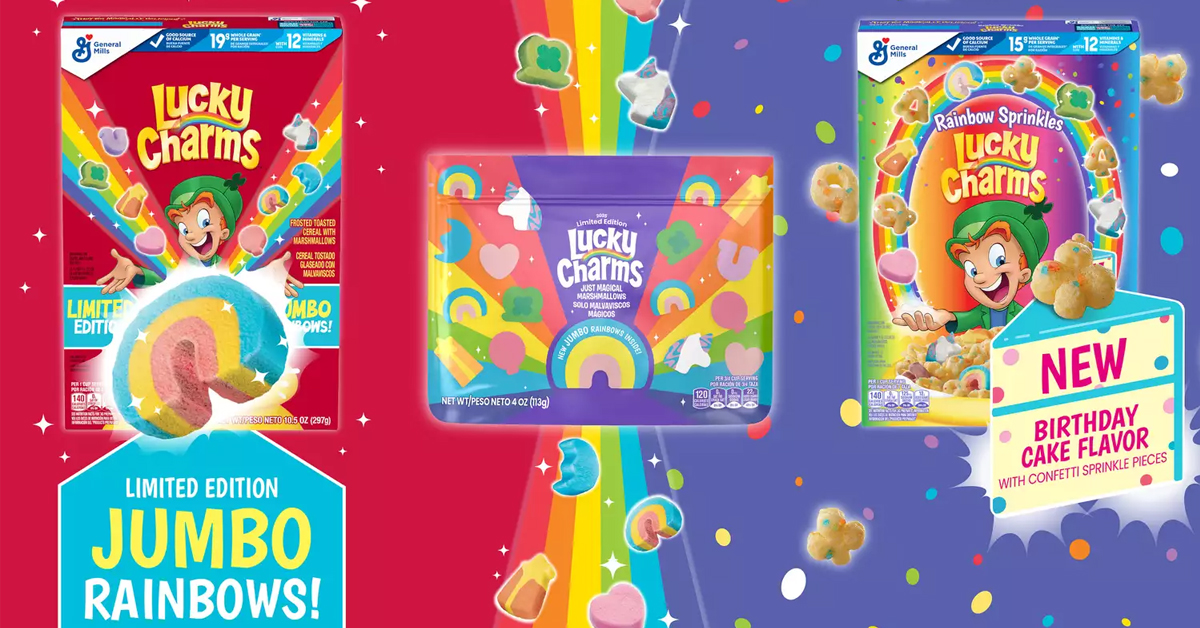 Lucky Charms Jumbo Rainbows Cereal, Lucky Charms Just Magical Marshmallows with Jumbo Rainbows, and Lucky Charms Rainbow Sprinkles | ©Image Credit: General Mills