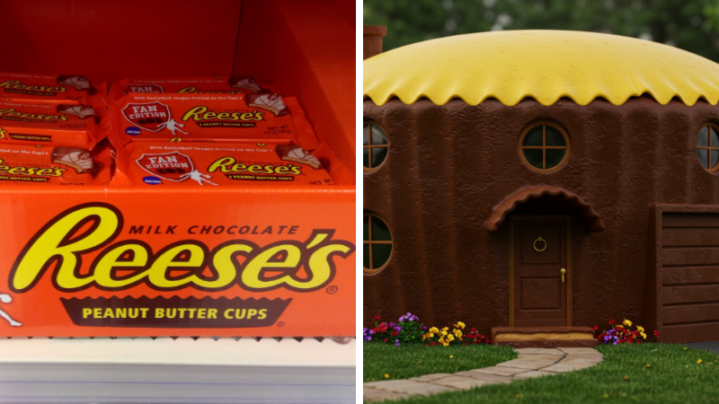 Reese's Peanut Butter Cups and AI's version of a house made entirely of Reese's Peanut Butter Cup | ©Image Credit: Flickr / Mike Mozart, Created with Google ImageFX