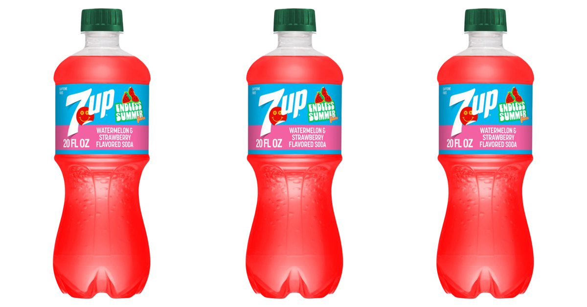 Bottles of the new 7Up Endless Summer Watermelon and Strawberry Soda | ©Image Credit: Keurig Dr Pepper