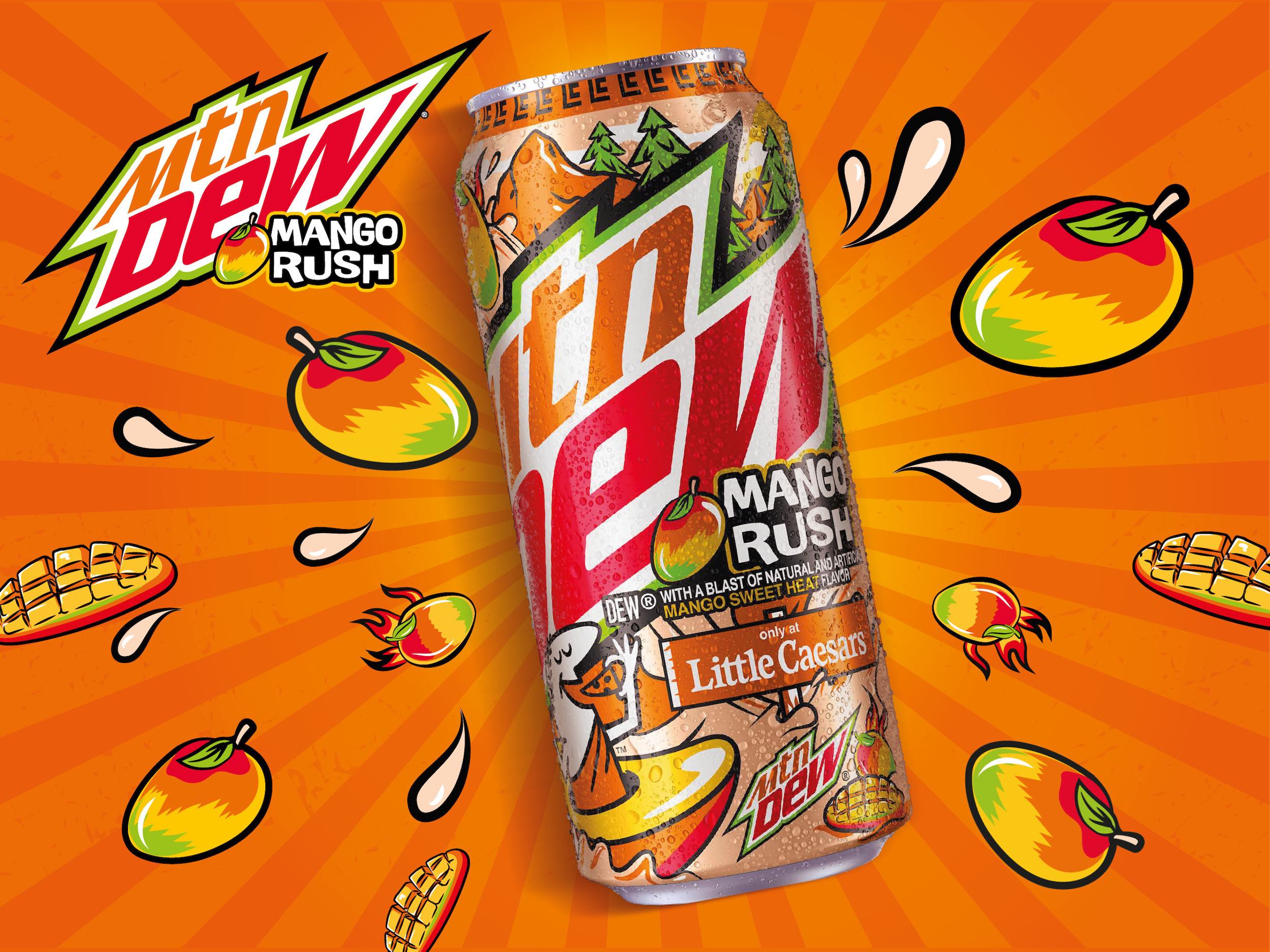The Mountain Dew Mango Rush flavor is an exclusive at Little Ceasars ©Image Credit: Little Caesars and PepsiCo