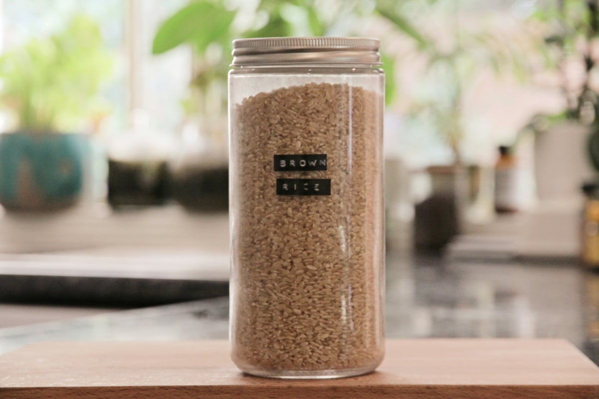A tall jar of brown rice