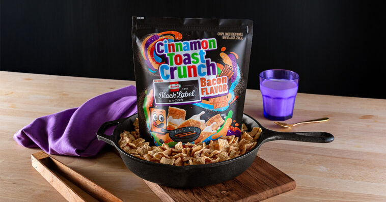 6-ounce pouch of Cinnamon Toast Crunch Hormel Black Label Bacon Flavored Cereal | ©Image Credit: General Mills