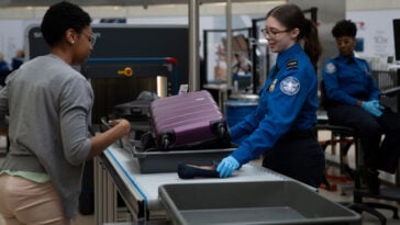 A TSA officer inspects a traveler’s belongings including her shoes at a security checkpoint | ©Image Credit: Transportation Security Administration